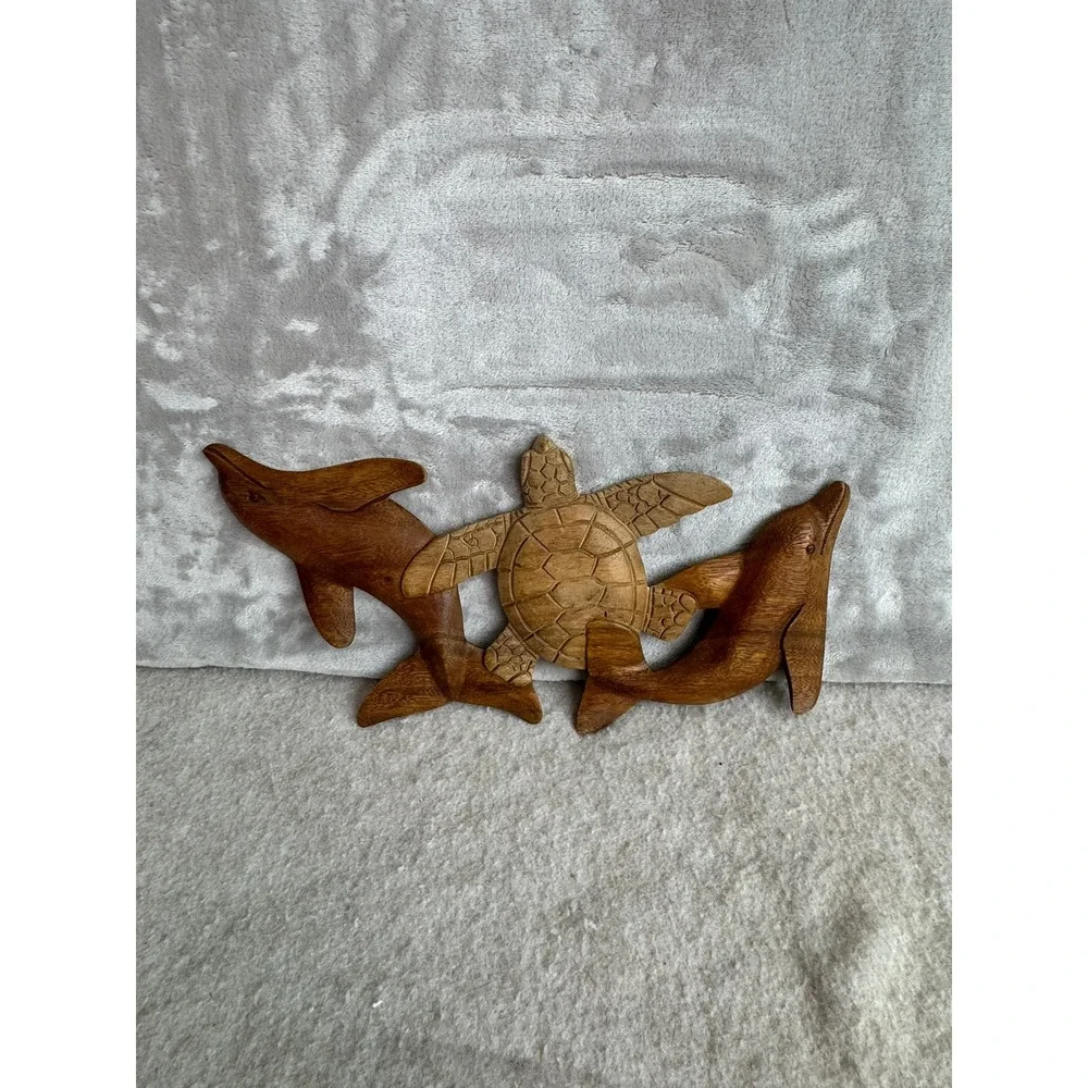 Hand Carved Wood Dolphin Turtle Wall Art Decor Tropical Beach Coastal‎